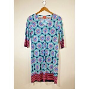 Tracy Negoshian Womens Blue Pink Medallion Print V-Neck 3/4 Sleeve Shift Dress M